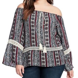 Off-the-shoulder Floral LACE BELL SLEEVE tunic top